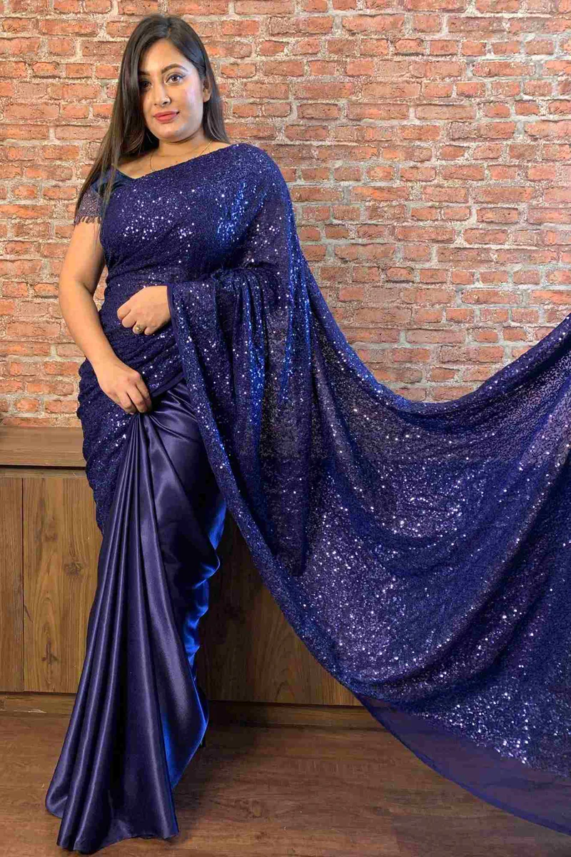 Navy Blue Sequin Satin 1min Saree